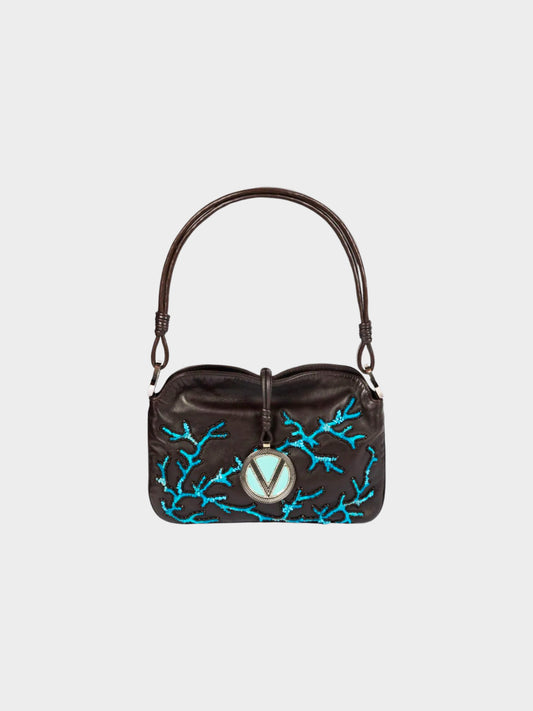 Valentino 2000s Brown Lambskin Leather Beaded Evening Shoulder Bag