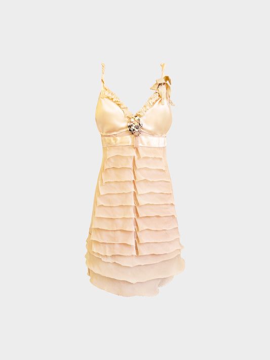 Prada 2000s Rare Beige Silk Satin Tiered Ruffle Mini Dress