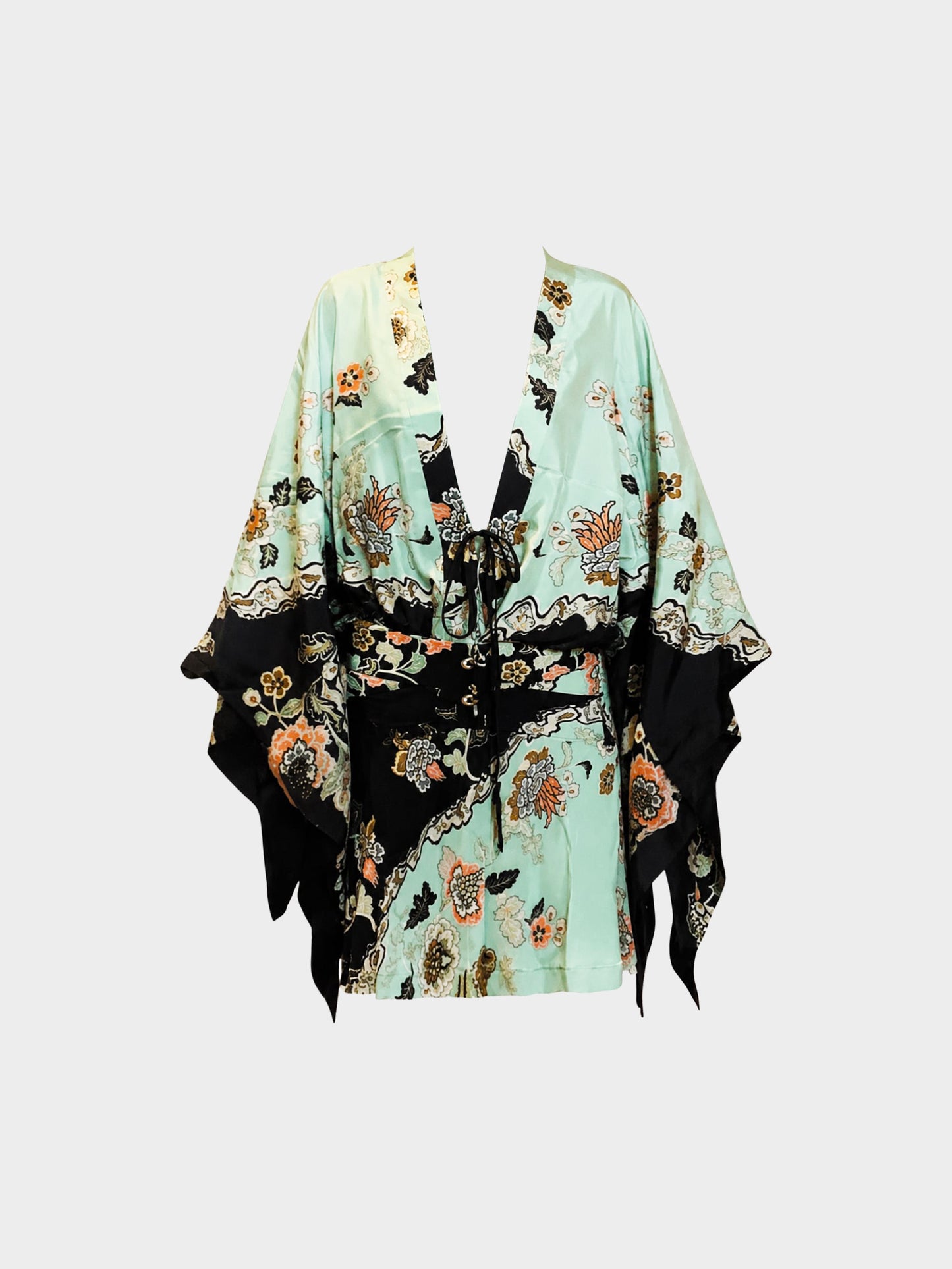 Roberto Cavalli SS 2003 Green and Black Chinoiserie Floral Print Silk Kimono and Skirt Set