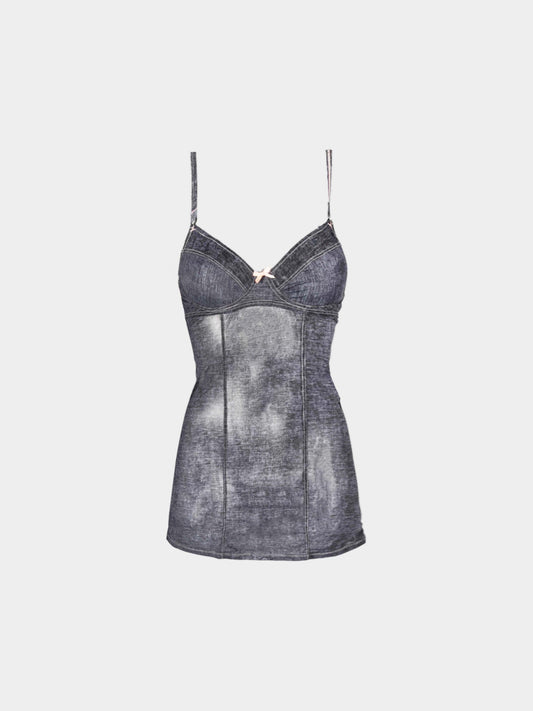 Dolce and Gabbana 2000s Grey Sheer Raw Denim Effect Fitted Dress
