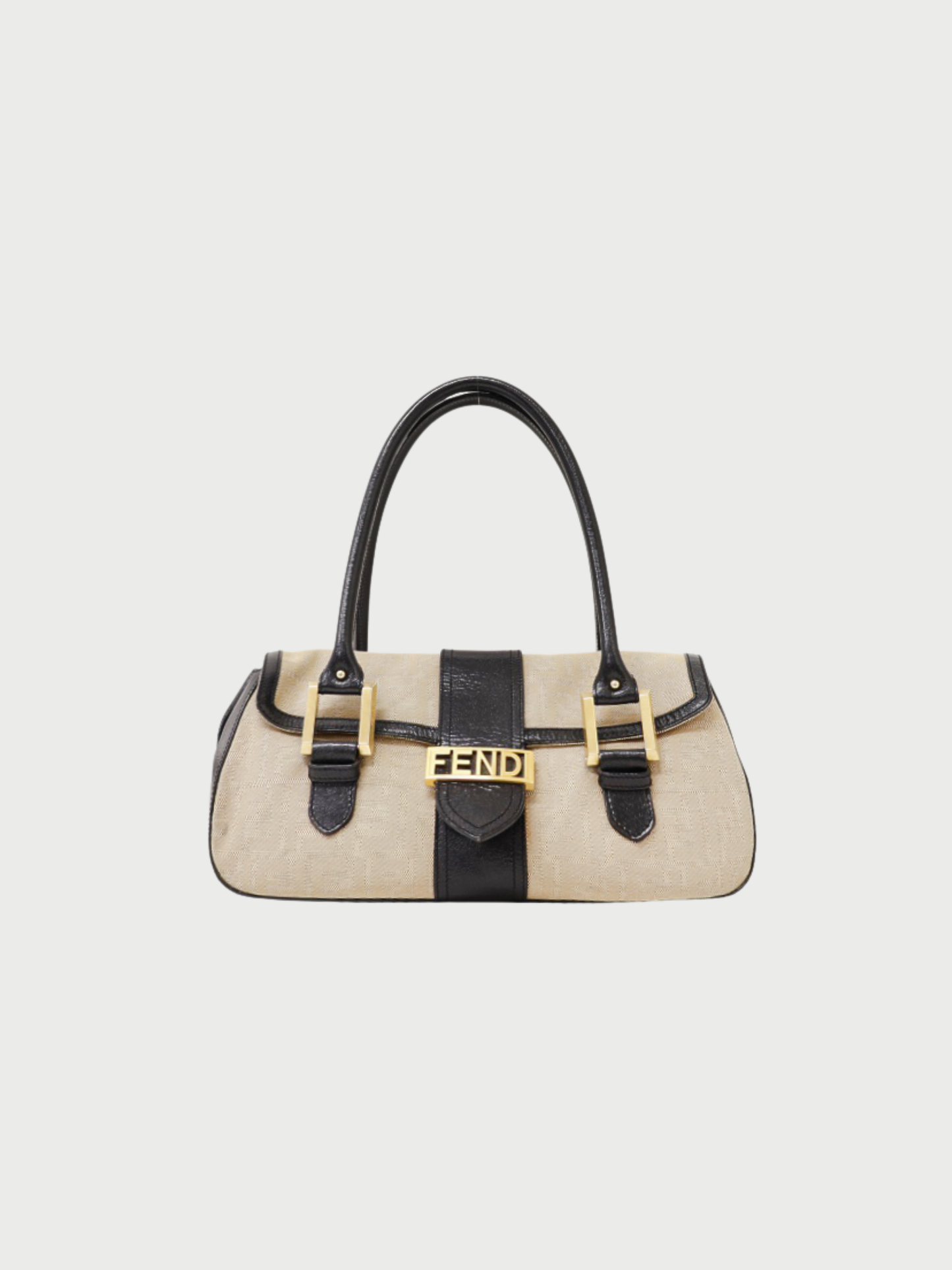 Fendi 2000s Beige Black Logo Canvas Leather Handbag