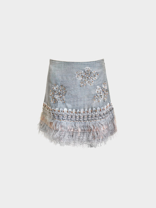 Chloé 2000s Grey Beaded Floral Embroidered and Fur Trim Skirt