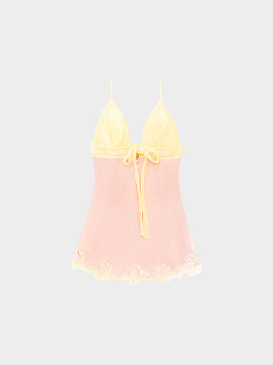 La Perla 2000s Pink and Yellow Silk Satin Lace Mini Dress/Top
