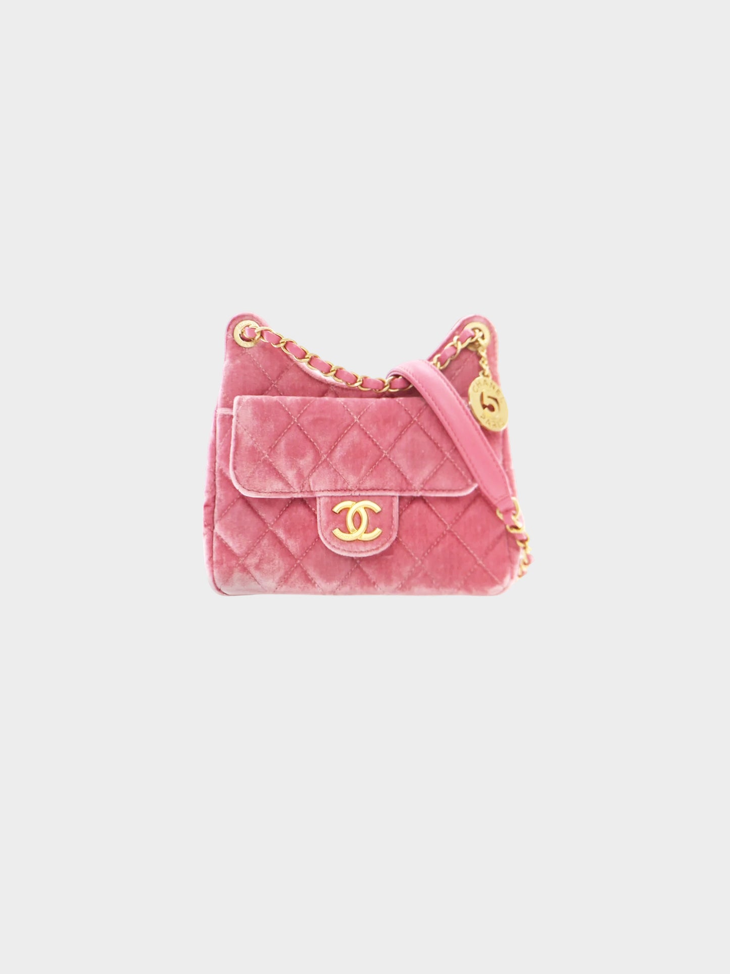 Chanel 2020s Pink Velvet Quilted Wave CC Small Hobo Bag