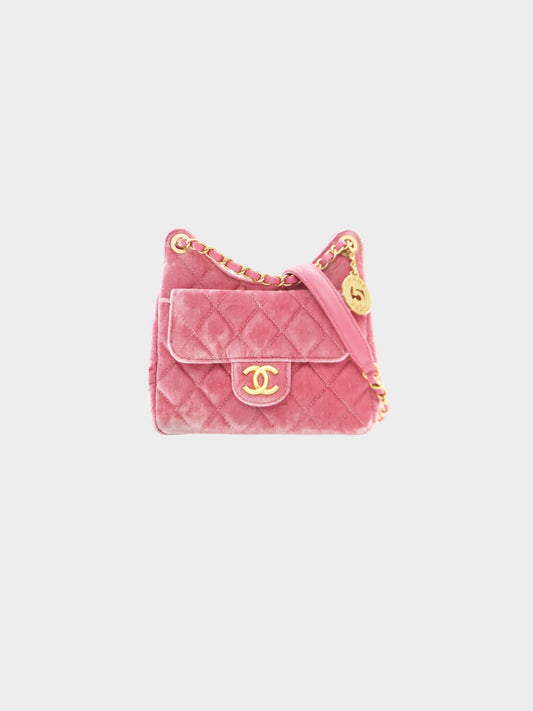 Chanel 2020s Pink Velvet Quilted Wave CC Small Hobo Bag