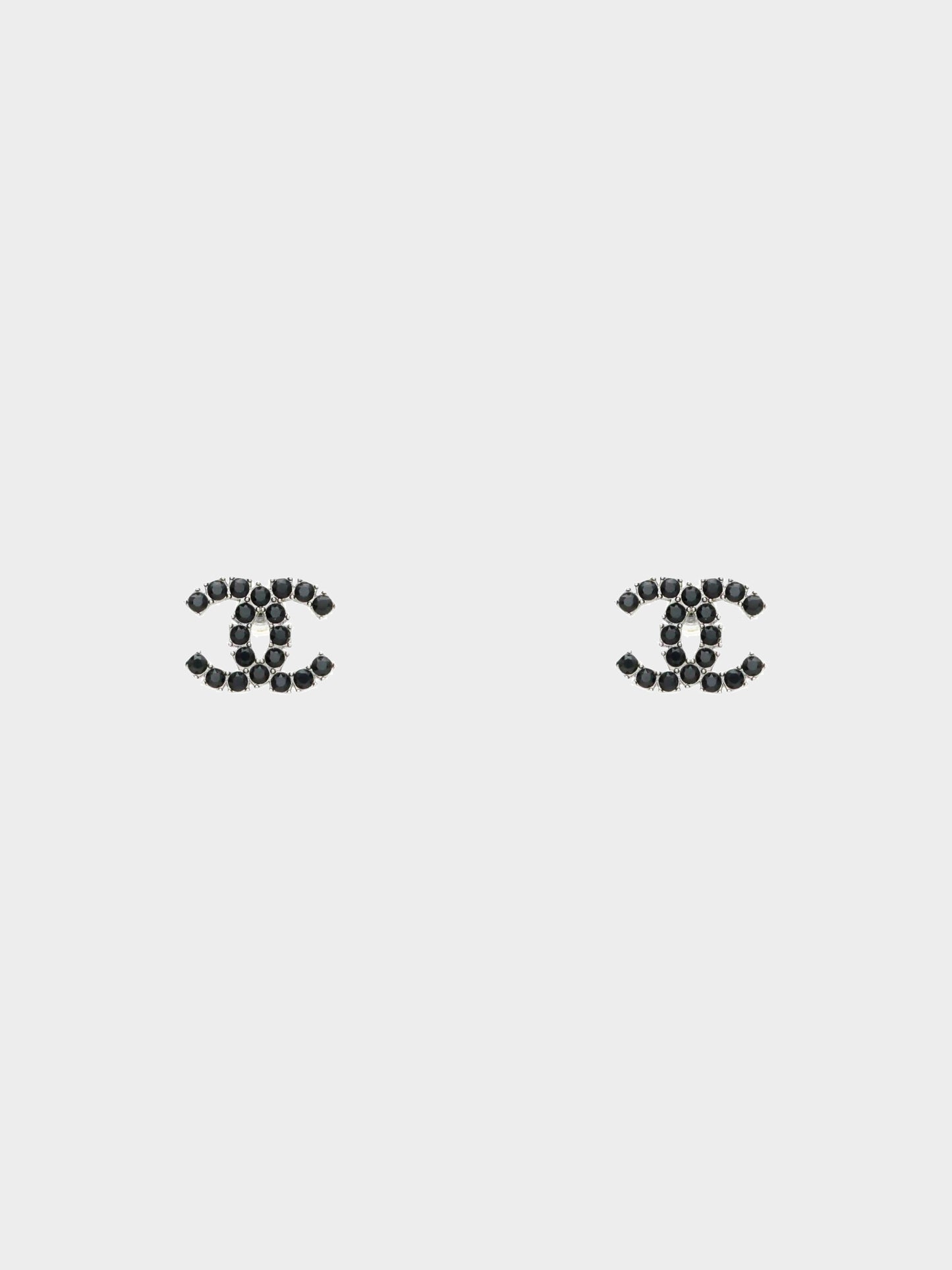 Chanel 2018 Silver and Black CC Logo Rhinestone Earrings