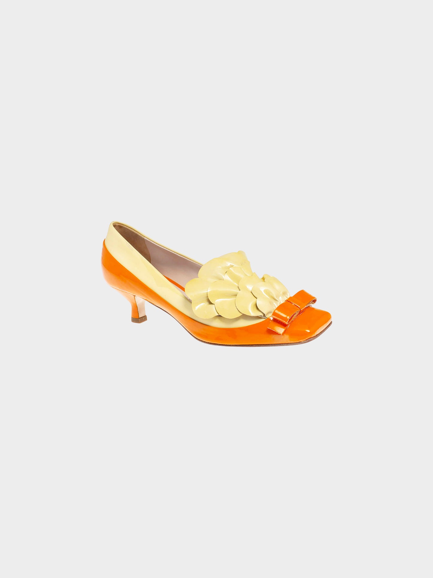 Miu Miu 2010s Orange and Yellow Patent Leather Ruffle Bow Kitten Heel Pumps