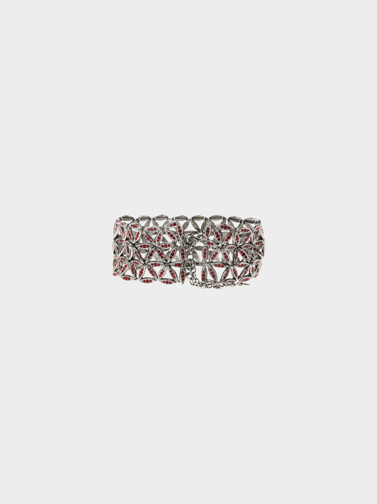Christian Dior by John Galliano 1990s Silver and Red Rhinestone Floral Pattern Choker Necklace