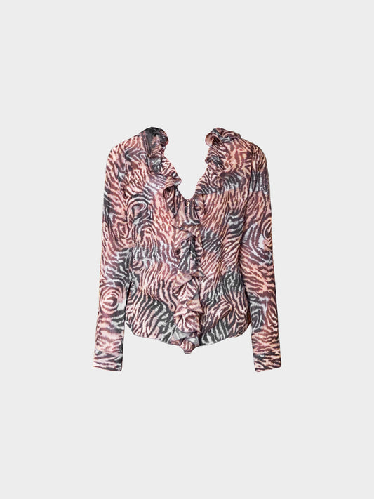 Emanuel Ungaro 2000s Black Animal Print Long Sleeve Ruffled Top