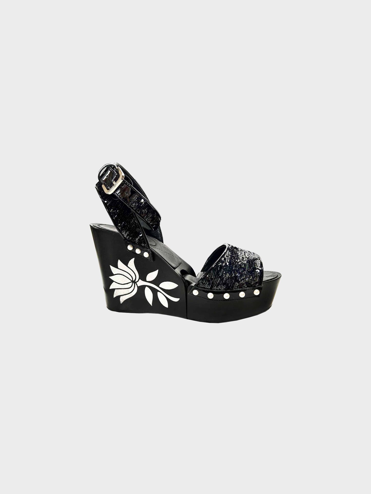 Chanel Cruise 2016 Black Patent Leather and Sequins Lotus Wedge Sandals