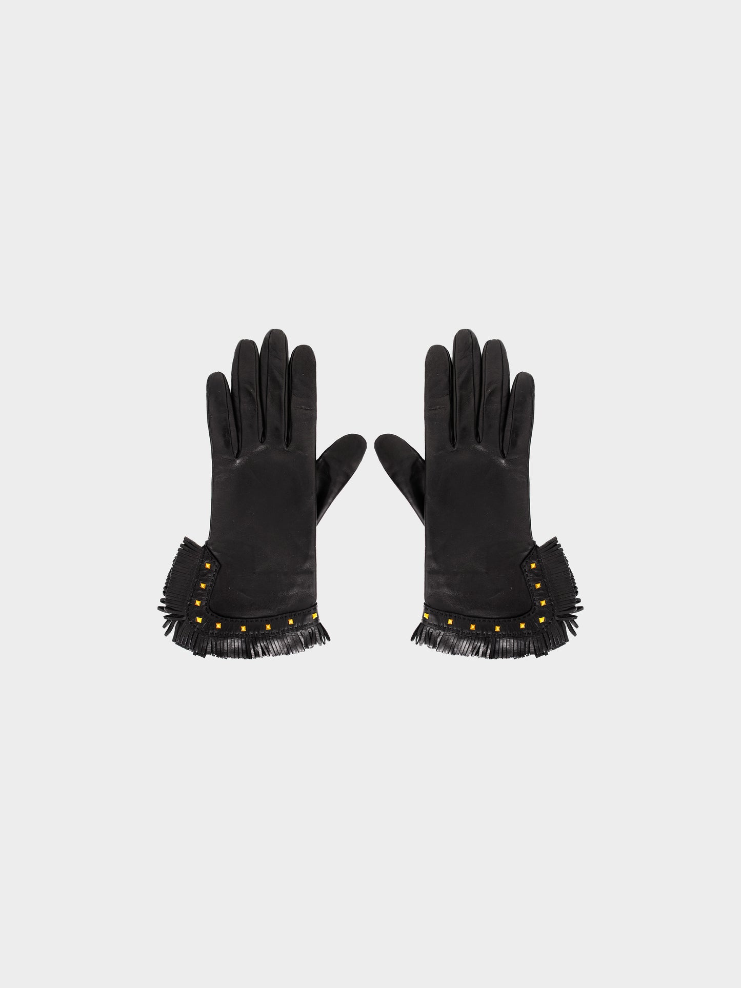 Hermès 2000s Black Leather Gold-studded Fringed Gloves