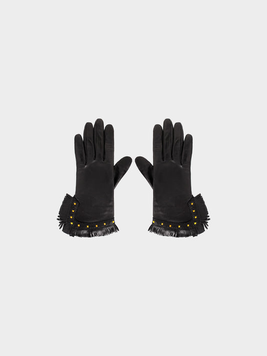 Hermès 2000s Black Leather Gold-studded Fringed Gloves