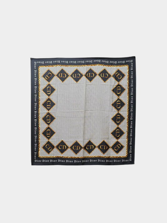 Christian Dior 2000s Black, White and Gold Silk Houndstooth Scarf