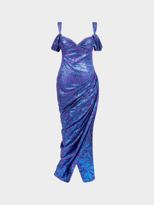 Loris Azzaro 1970s Blue and Purple Metallic Sheath Dress