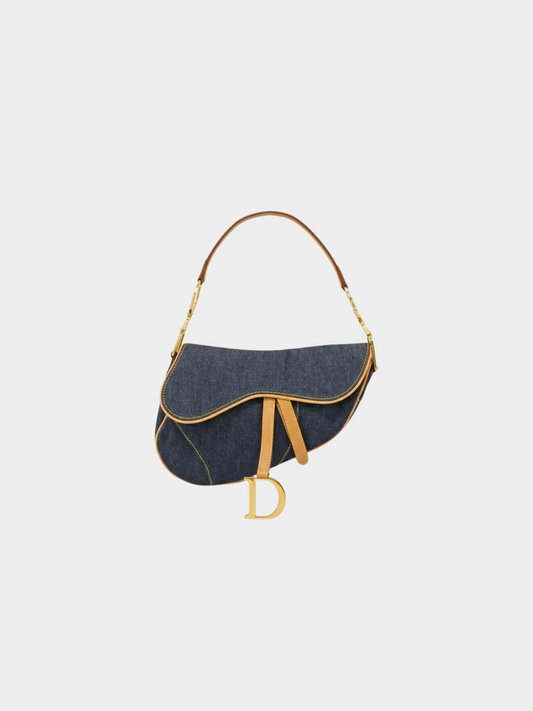 Christian Dior 2000s Navy Beige Denim Saddle Bag