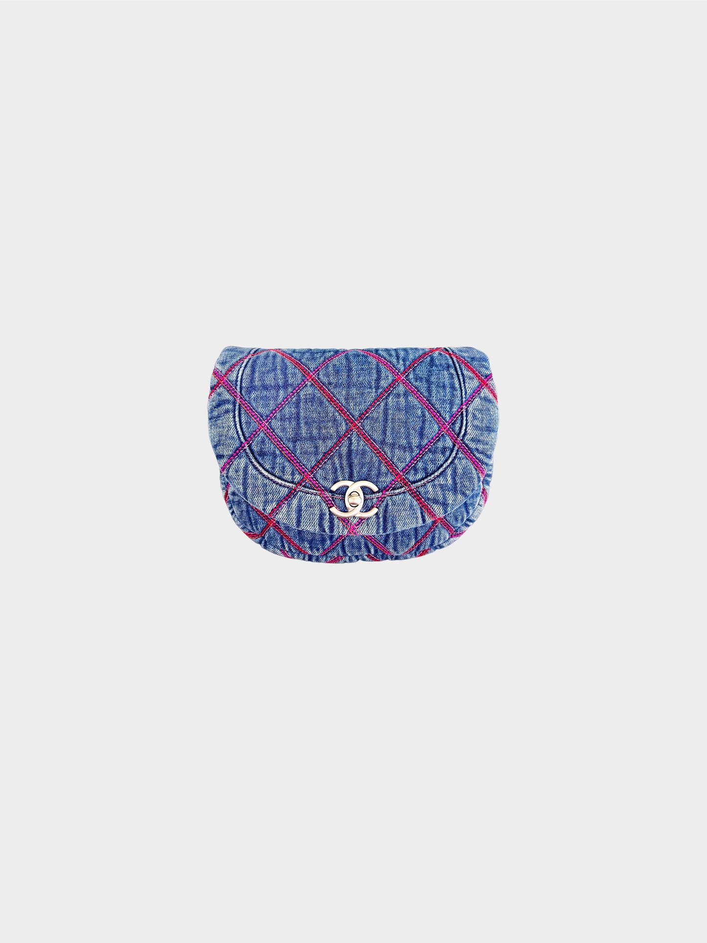 Chanel 2022 Denim Half Moon Bag with Pink Diamond Quilting