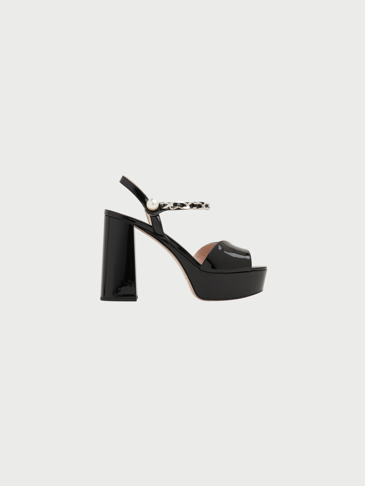 Miu Miu 2020s Black Patent Leather Pearl Platform Sandals
