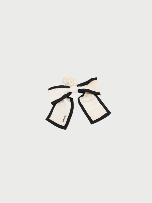 Chanel 2000s Black White Silk Camellia Scarf Scrunchie