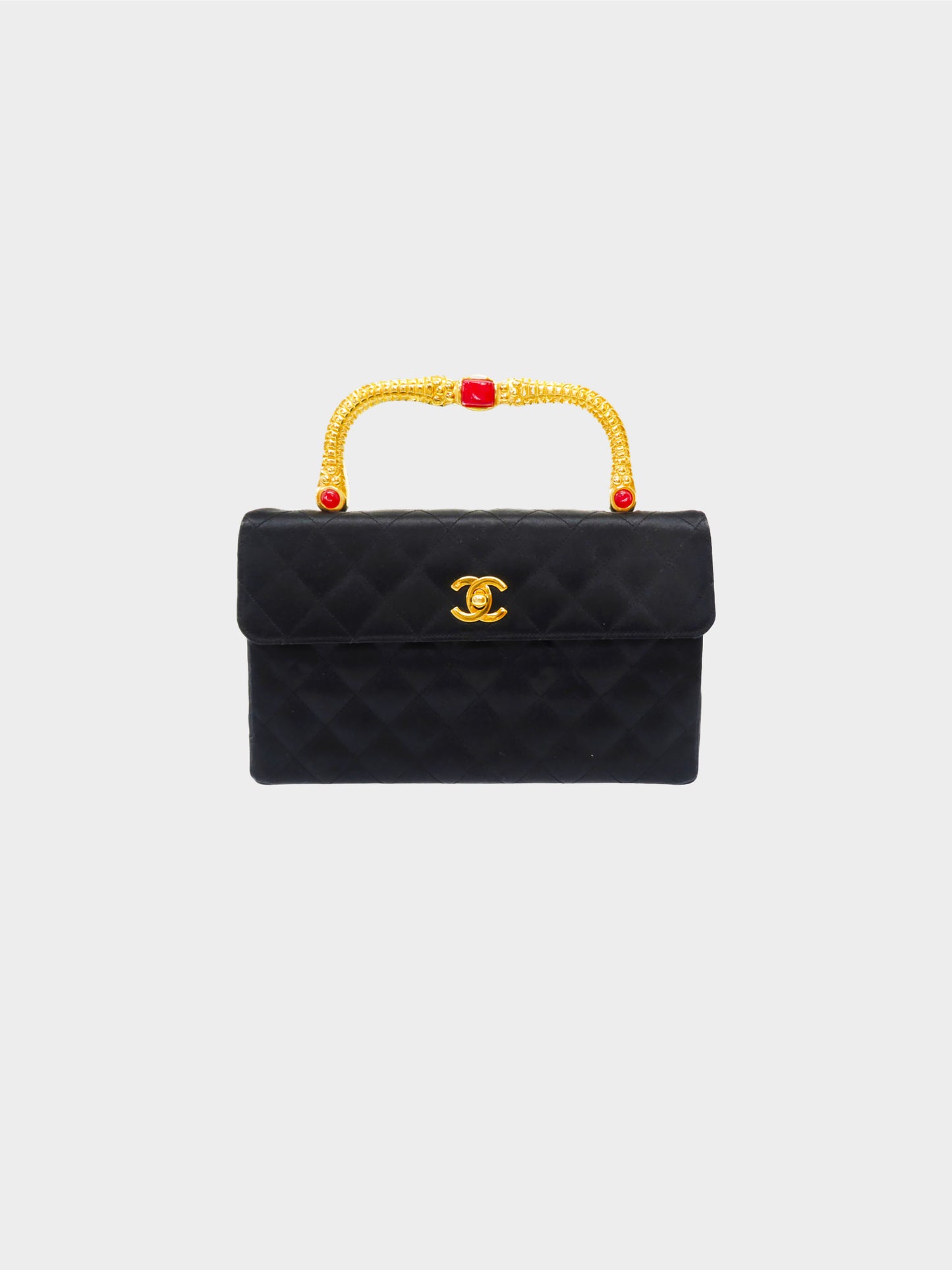 Chanel 2000s Rare Black Satin Gold Handle Turn Lock Bag