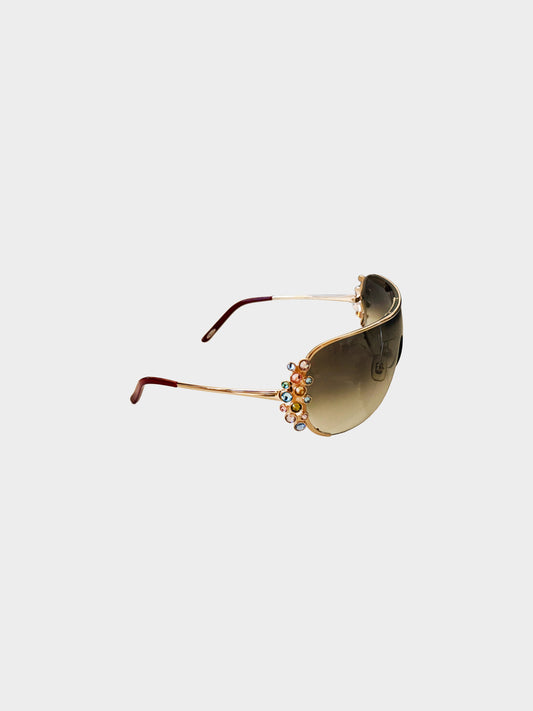 Chopard 2020s Gold Metal and Multicolored Rhinestones Shield Sunglasses