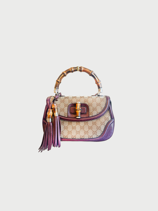 Gucci 1990s Brown Monogram Canvas Bamboo 1947 Medium Bag