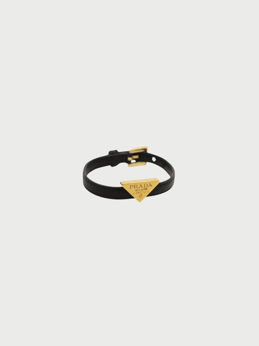 Prada 2000s Gold Black Saffiano Leather Triangle Logo Bracelet