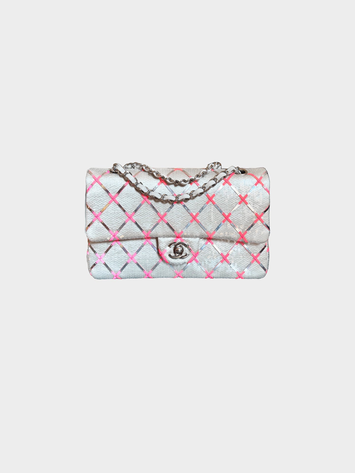 Chanel Cruise 2016 Silver Grey and Pink Sequin Leather Flap Bag