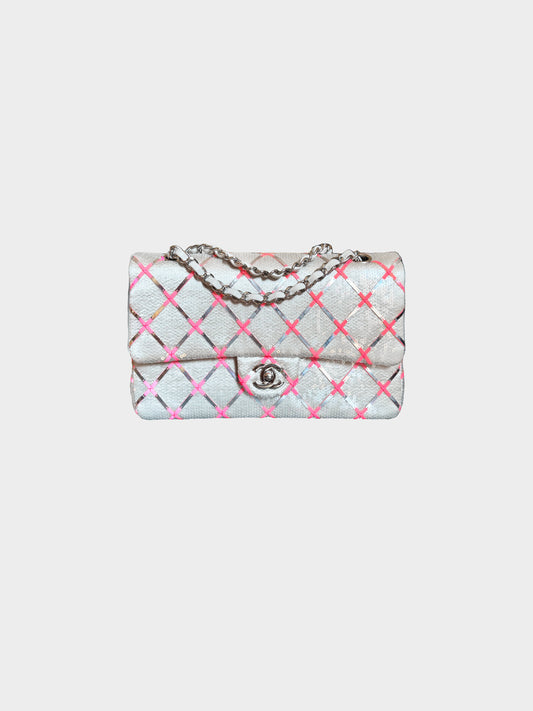 Chanel Cruise 2016 Silver Grey and Pink Sequin Leather Flap Bag