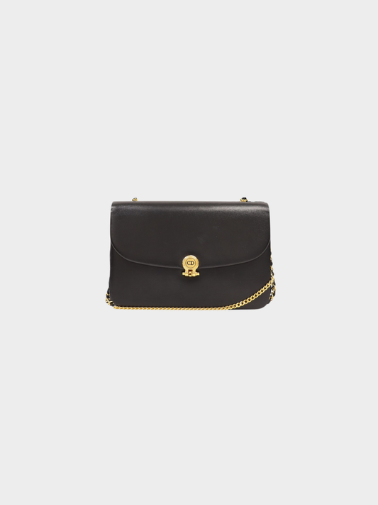 Christian Dior 2000s Black Leather Logo Chain Shoulder Bag