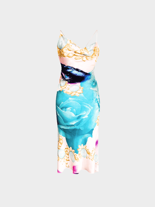 Roberto Cavalli SS 2001 Liz Taylor Eye Print Blue Silk Dress