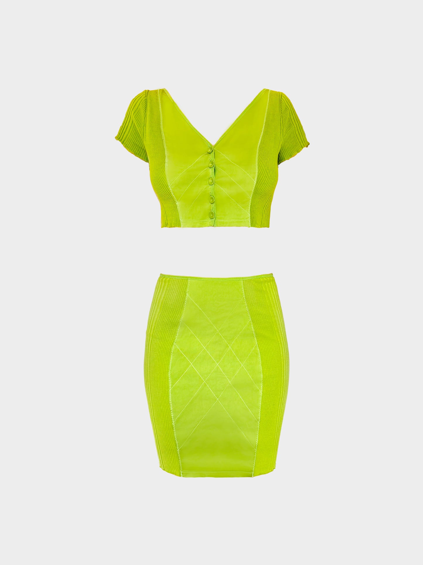 Jean Paul Gaultier 2000s Lime Green Knitted Top and Skirt Set