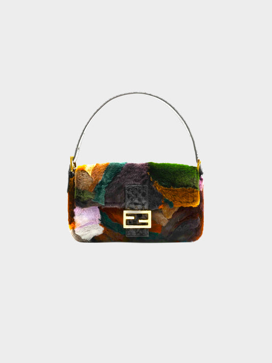 Fendi 2000s Multicolor Mink Fur and Leather Baguette Bag