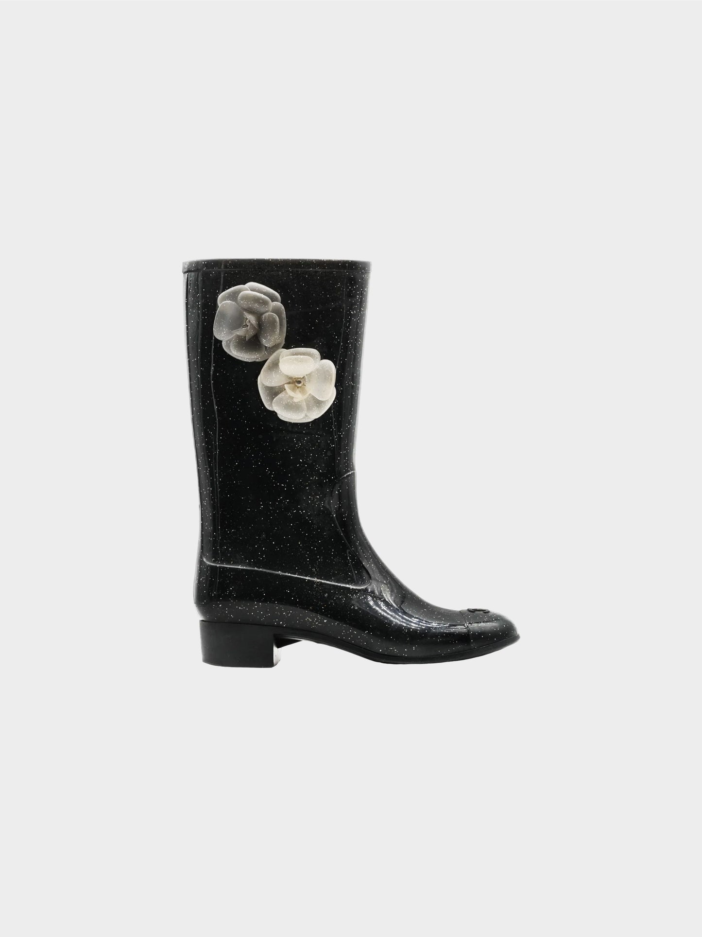Chanel 2020 Black Glitter Rain Boots with Camellia Flowers