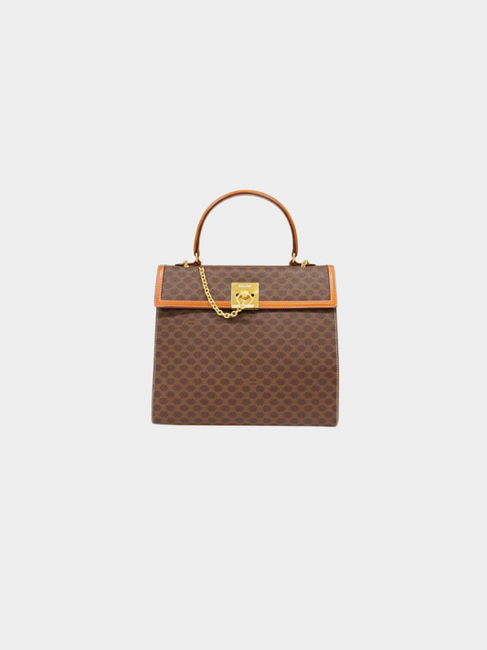 Celine 1990s Brown Macadam PVC and Leather Gancini Hardware Handbag