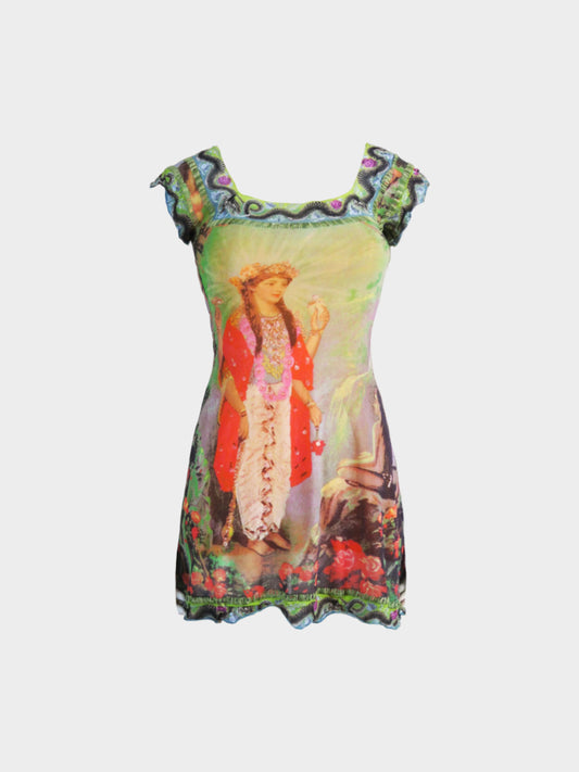 Jean Paul Gaultier SS 1998 Hindu Goddess Printed Mesh Midi Dress