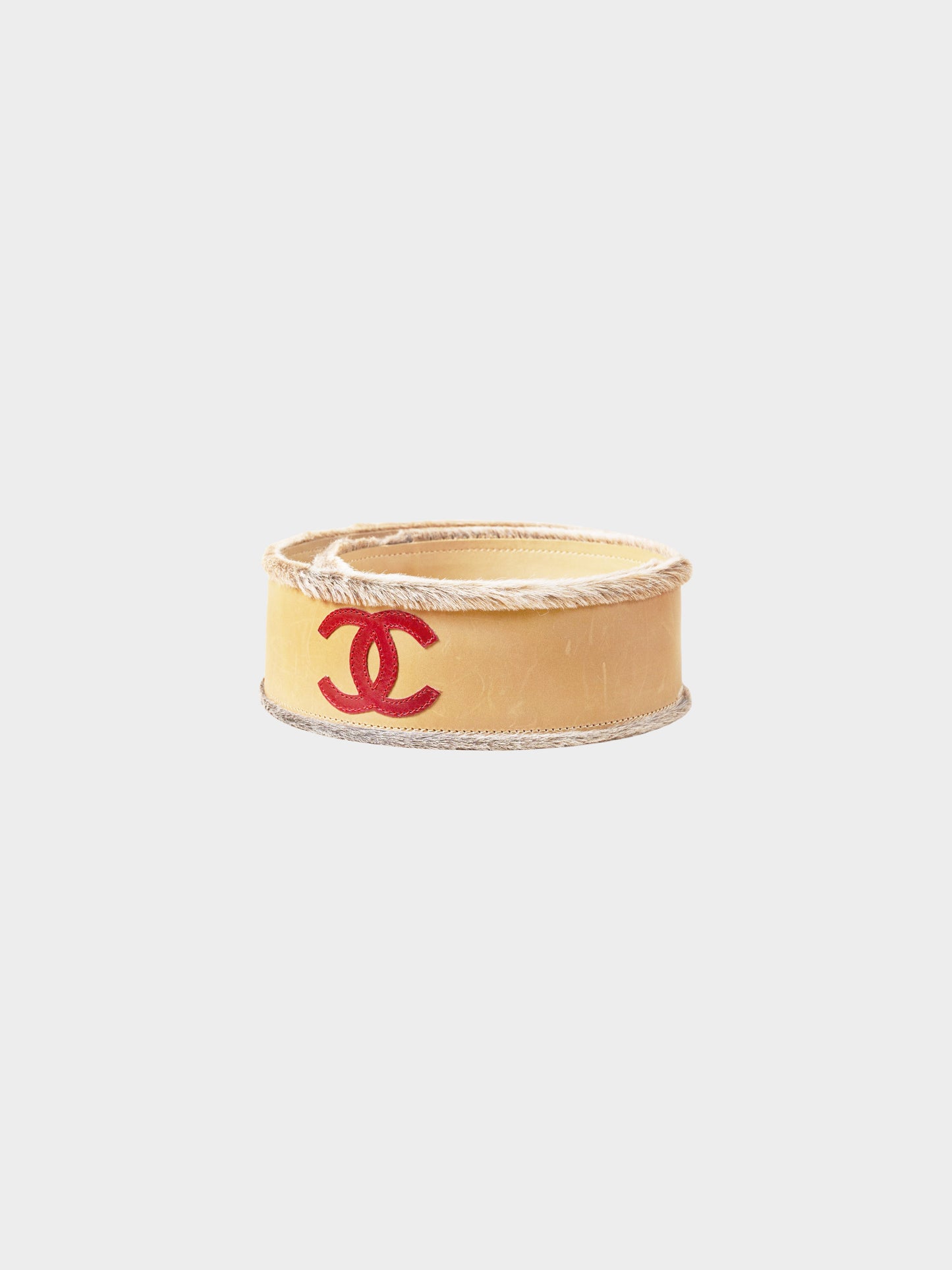 Chanel FW 2001 Beige Leather CC Belt with Faux Fur Trim