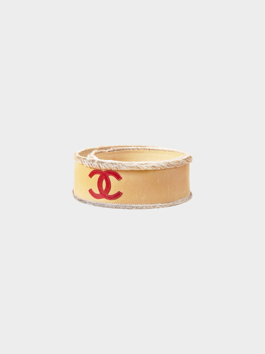Chanel FW 2001 Beige Leather CC Belt with Faux Fur Trim