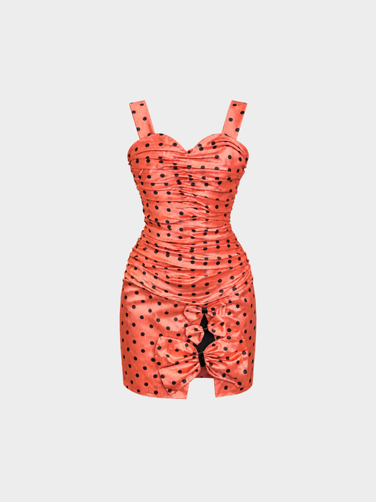 Loris Azzaro 1980s Coral Pink Black Polka Dot Ruched Bow Mini Dress