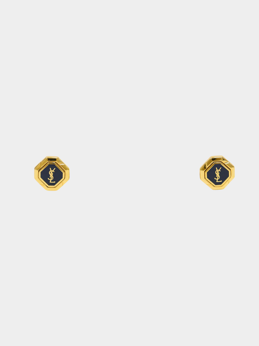 Yves Saint Laurent 1990s Gold Navy Logo Clip Earrings