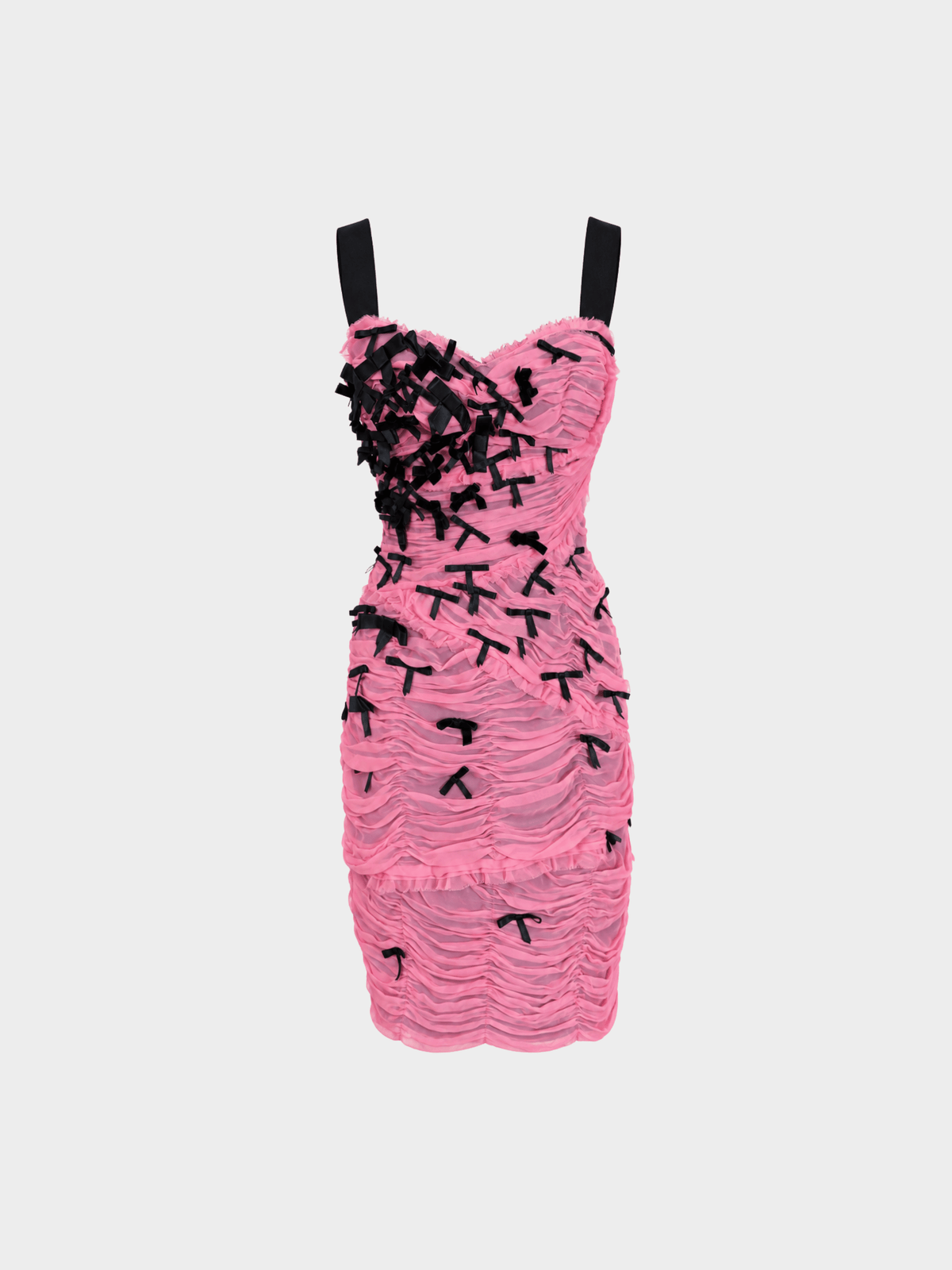 Dolce & Gabbana 2000s Pink Black Ruched Silk Chiffon Bow Appliqué Dress