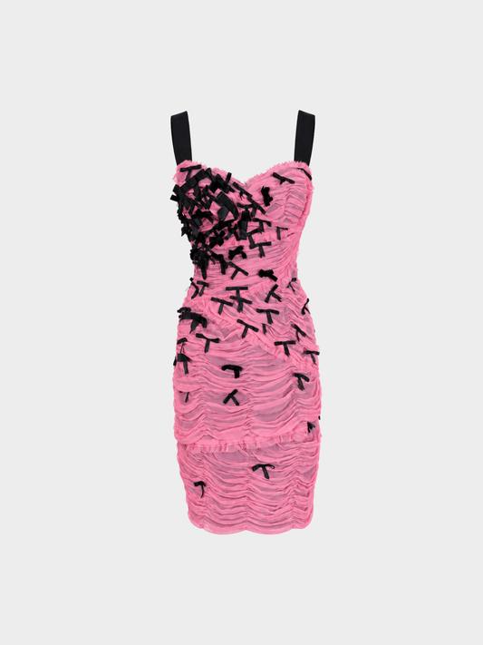 Dolce & Gabbana 2000s Pink Black Ruched Silk Chiffon Bow Appliqué Dress
