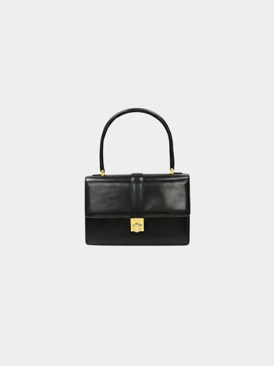 Celine 1990s Black Gancini Hardware Leather Handbag