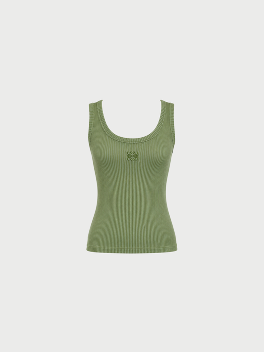 Loewe 2020s Sage Green Anagram Ribbed Silk Tank Top
