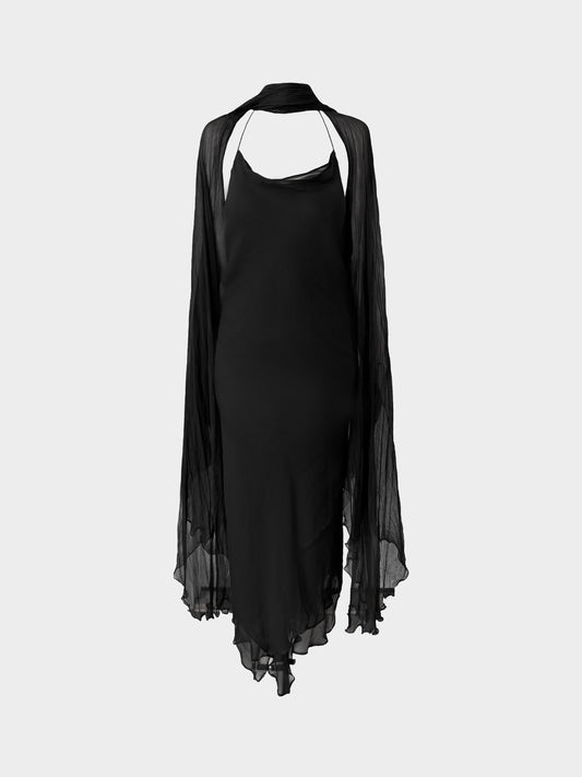 Dolce and Gabbana 2010s Runway Black Silk Chiffon Dress with Cape