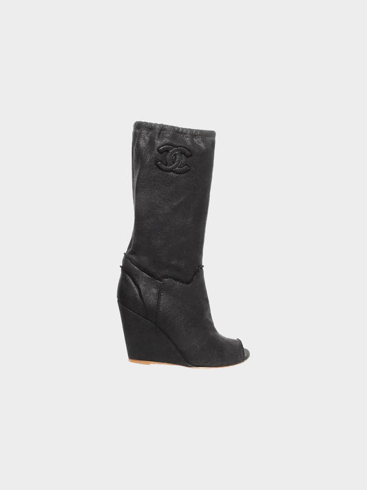 Chanel Resort 2008 Black Waxed Cotton Peep-toe Boots