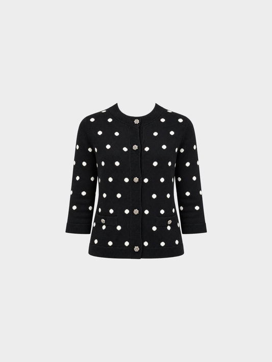 Chanel 2000s Black White Cashmere Polka-Dot Cardigan
