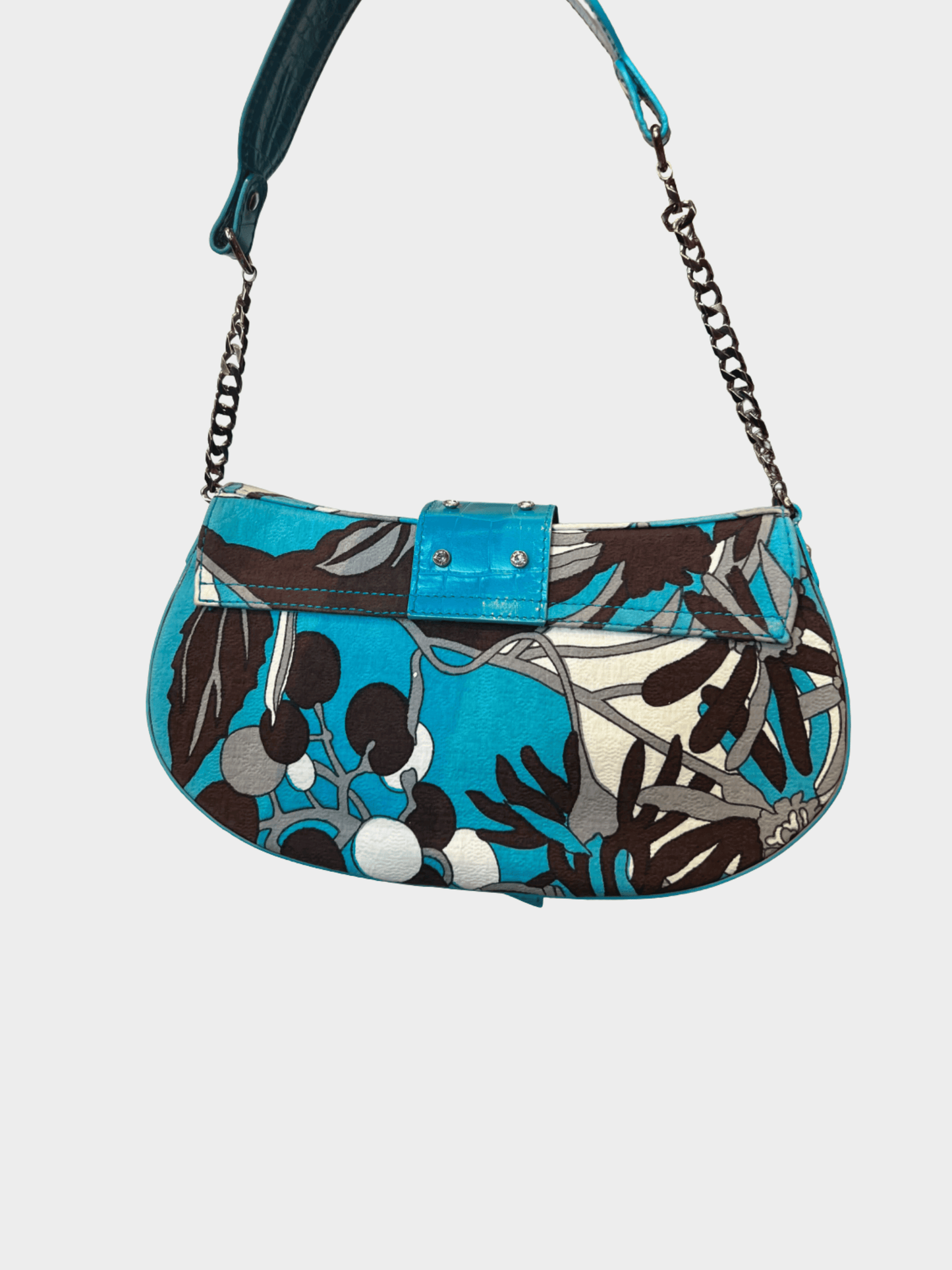 Dolce and Gabbana 2000s Blue Printed Fabric And Croc Embossed Leather DG Flap Baguette