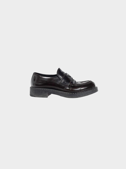 Prada 2010s Chocolate Logo-Plaque Leather Loafers