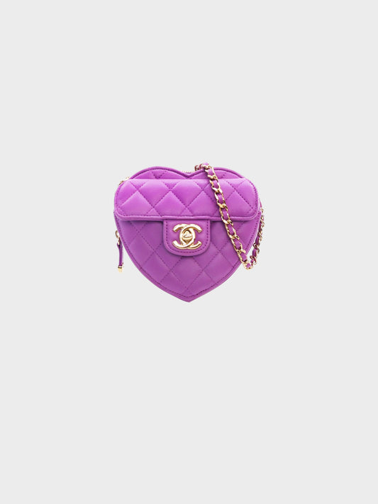 Chanel 2022 Purple Lambskin Quilted CC In Love Mini Heart Bag