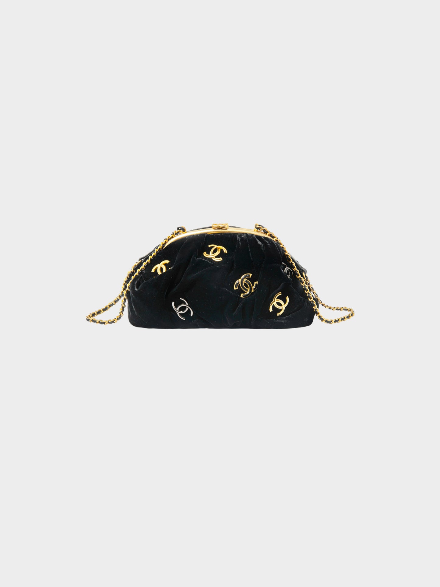 Chanel 2019 Black and Gold Velvet CC Chain Evening Bag